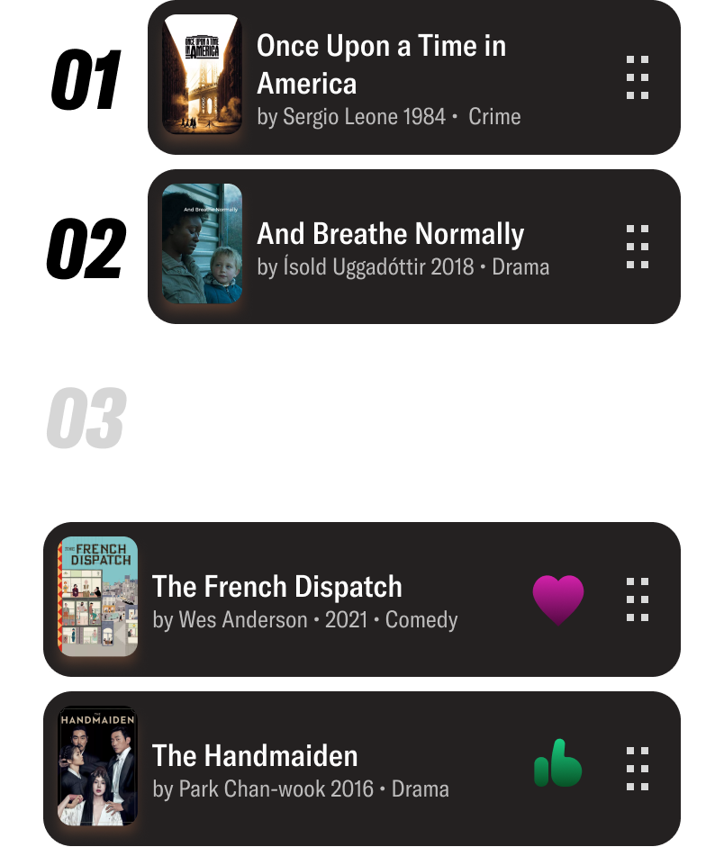 Ranked list of favourite films in the Oorbi app